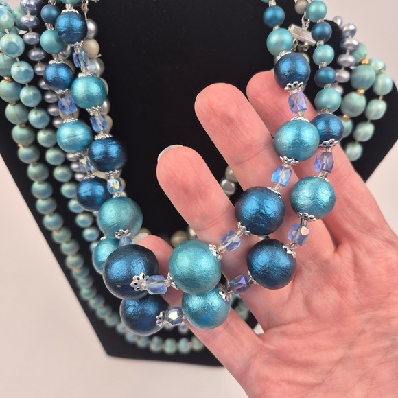 Vtg Beaded Necklace Lot 5pc Blue Green Japan Marked Faux Pearl Velvet Layering - Picture 2 of 16